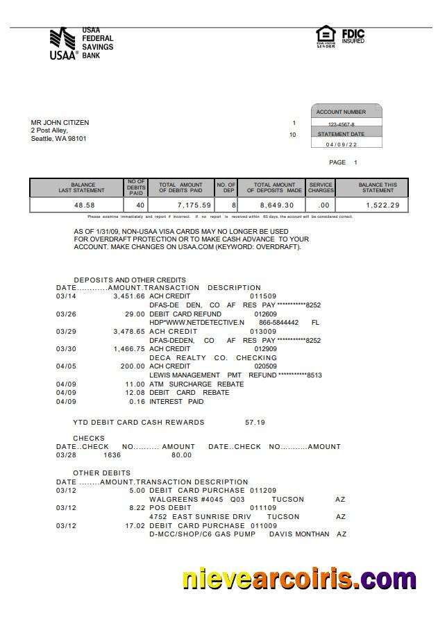 USA USAA bank statement 5 pages